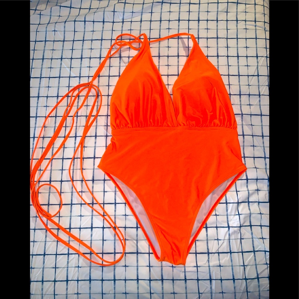 Hot orange swimsuit with long straps